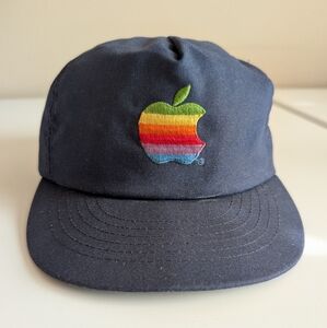 Apple Vintage 80s Snapback Cap, Navy Cap with Rainbow Apple Logo, Made In USA